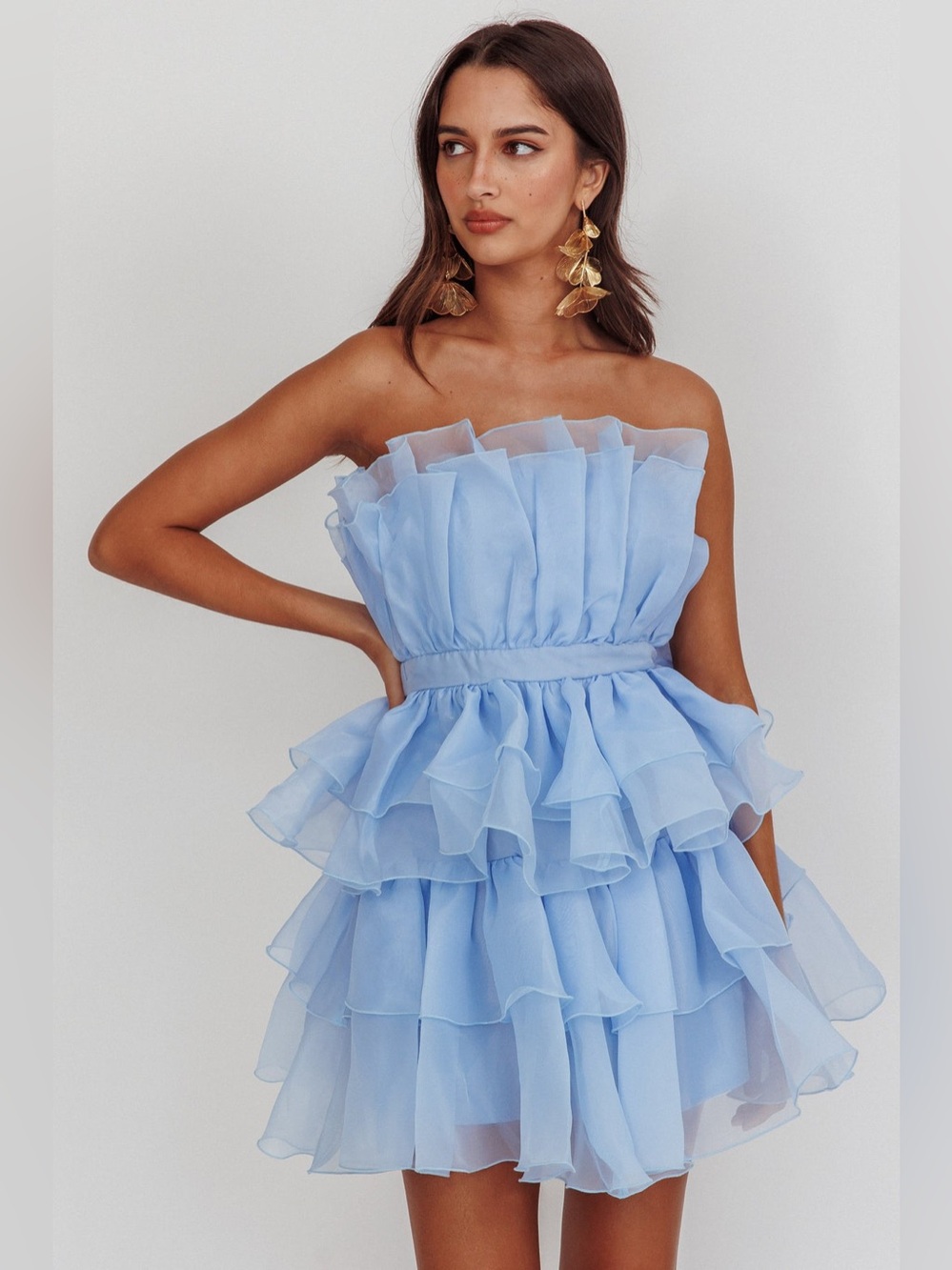 Light Baby Blue Tiered Chiffon Ruffle Mini Dress Small